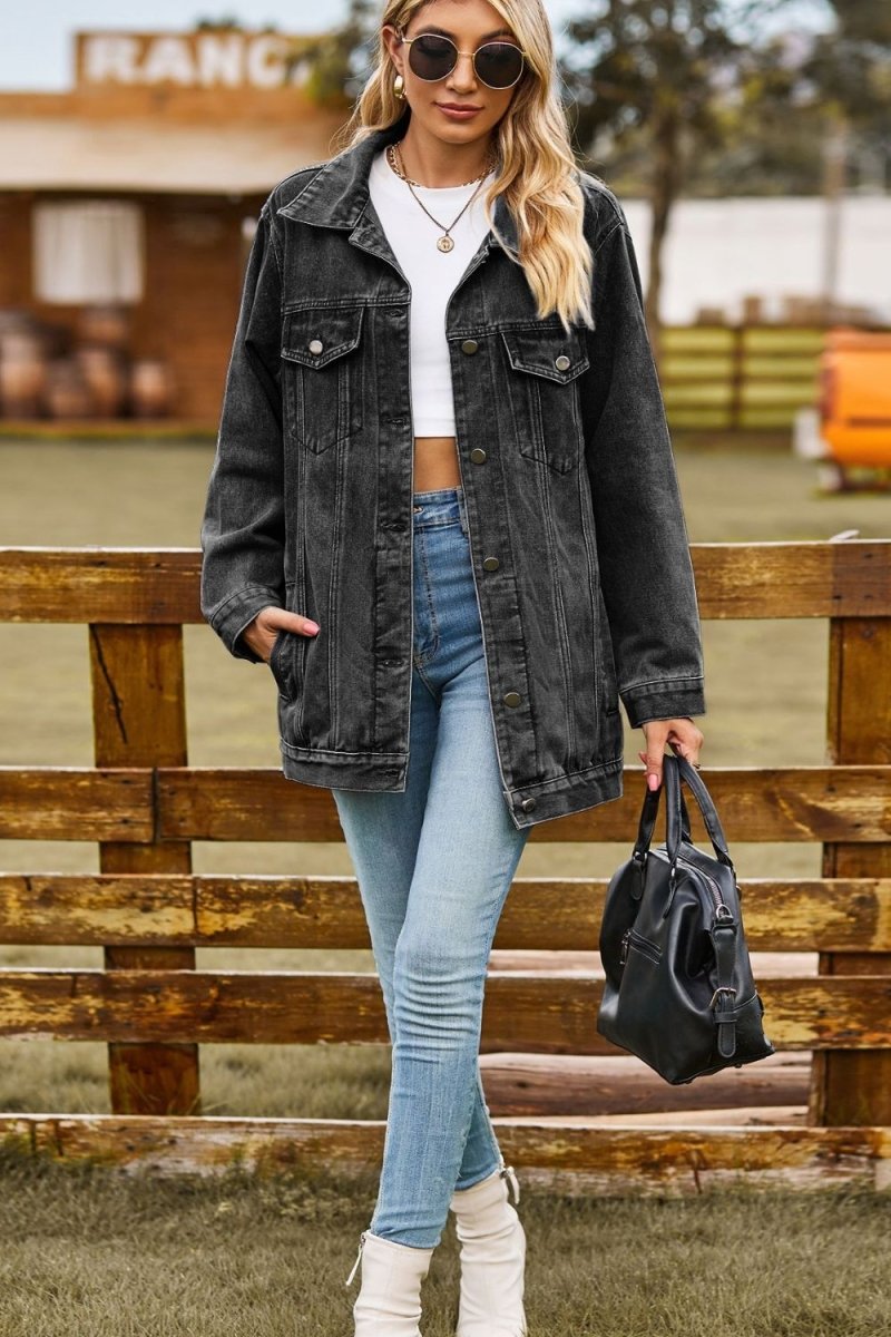 Buttoned Collared Neck Denim Jacket with Pockets - Necessary Clothing