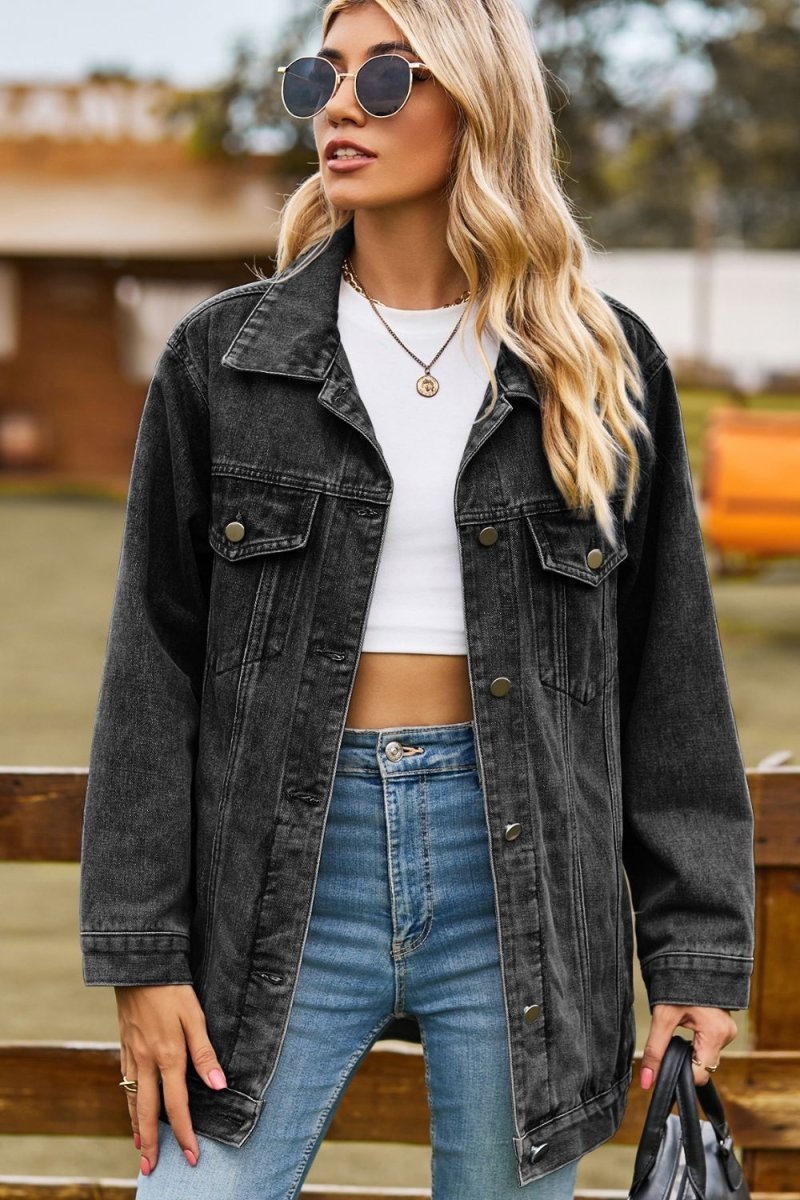 Buttoned Collared Neck Denim Jacket with Pockets - Necessary Clothing