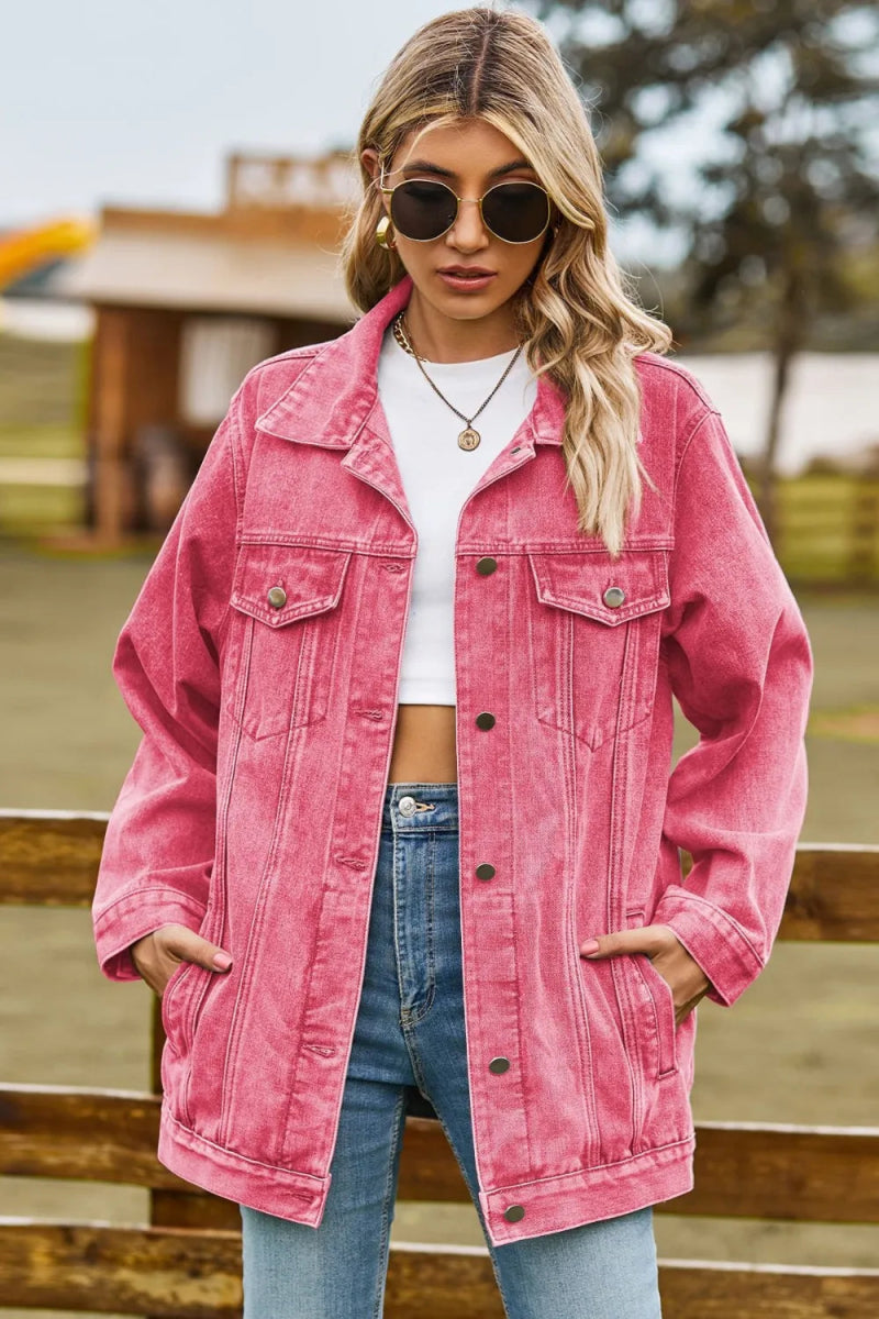 Buttoned Collared Neck Denim Jacket with Pockets - Necessary Clothing