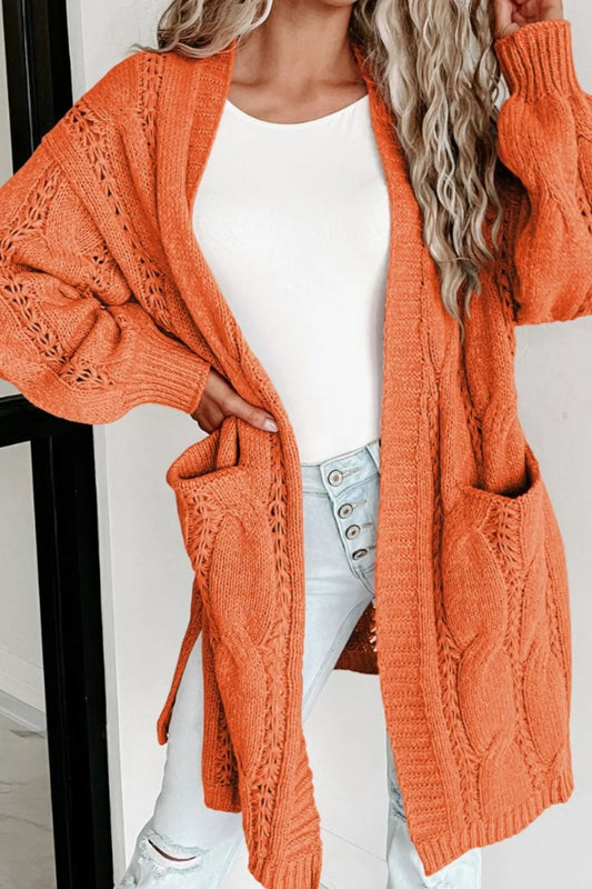 Cable - Knit Dropped Shoulder Slit Cardigan - Necessary Clothing