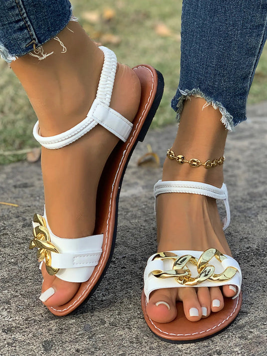 Chain Decor Leather Flat Sandals - Necessary Clothing
