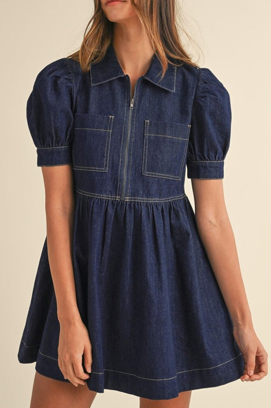 Collared Neck Half Zip Denim Dress - Necessary Clothing