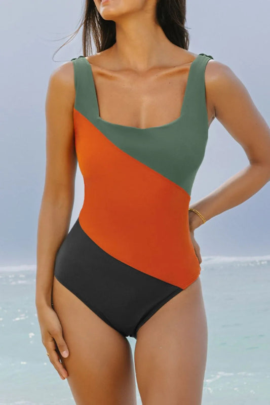 Color Block Padded Square Neck One Piece Swimsuit - Necessary Clothing