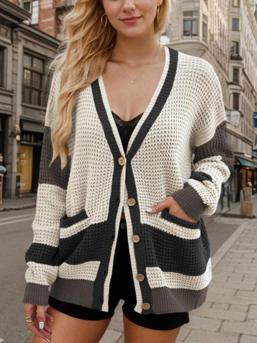 Contrast Button Up Long Sleeve Cardigan - Necessary Clothing