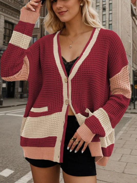 Contrast Button Up Long Sleeve Cardigan - Necessary Clothing