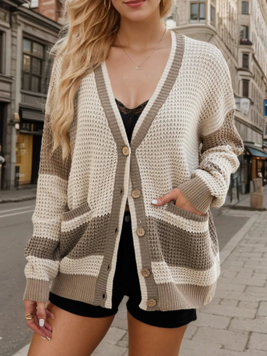 Contrast Button Up Long Sleeve Cardigan - Necessary Clothing