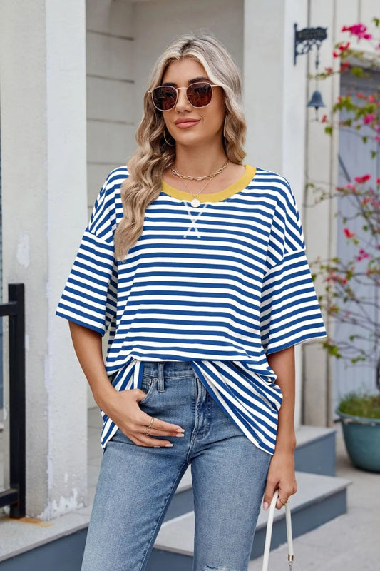 Contrast Striped Round Neck Half Sleeve T-Shirt - Necessary Clothing