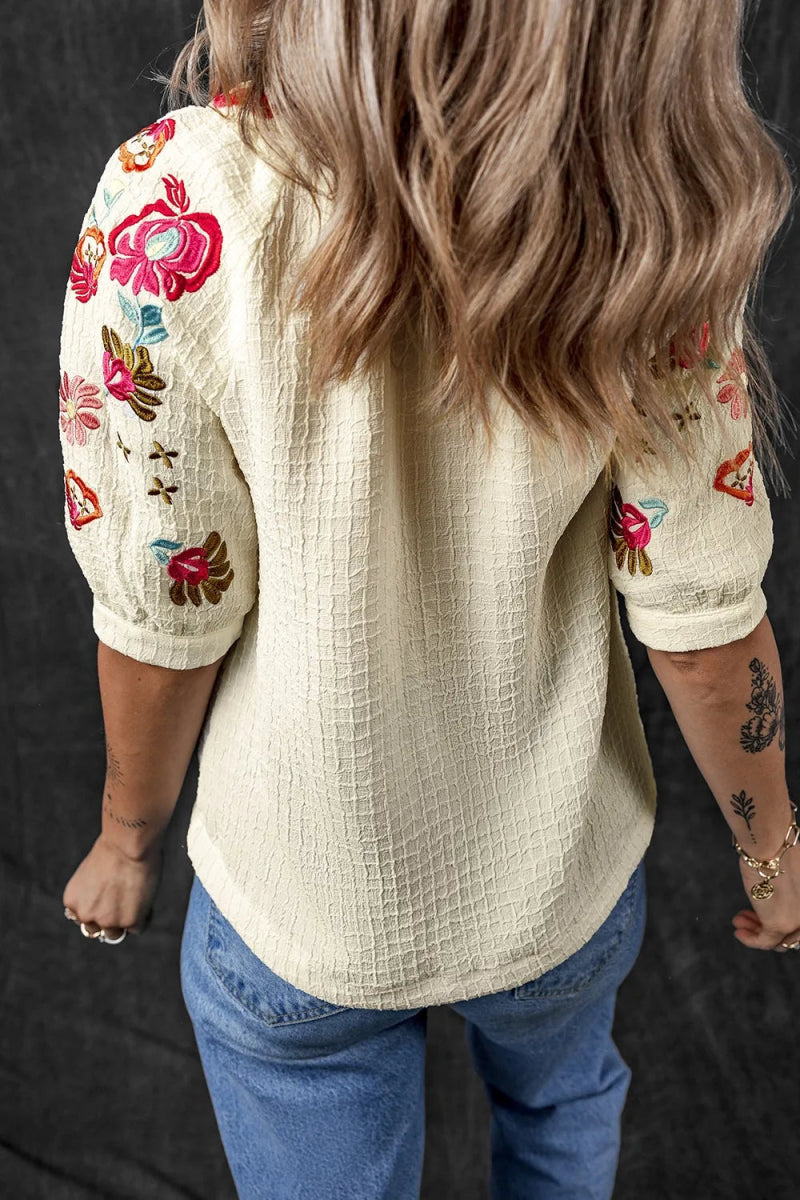 Floral Embroidered Notched Puff Sleeve Blouse - Necessary Clothing