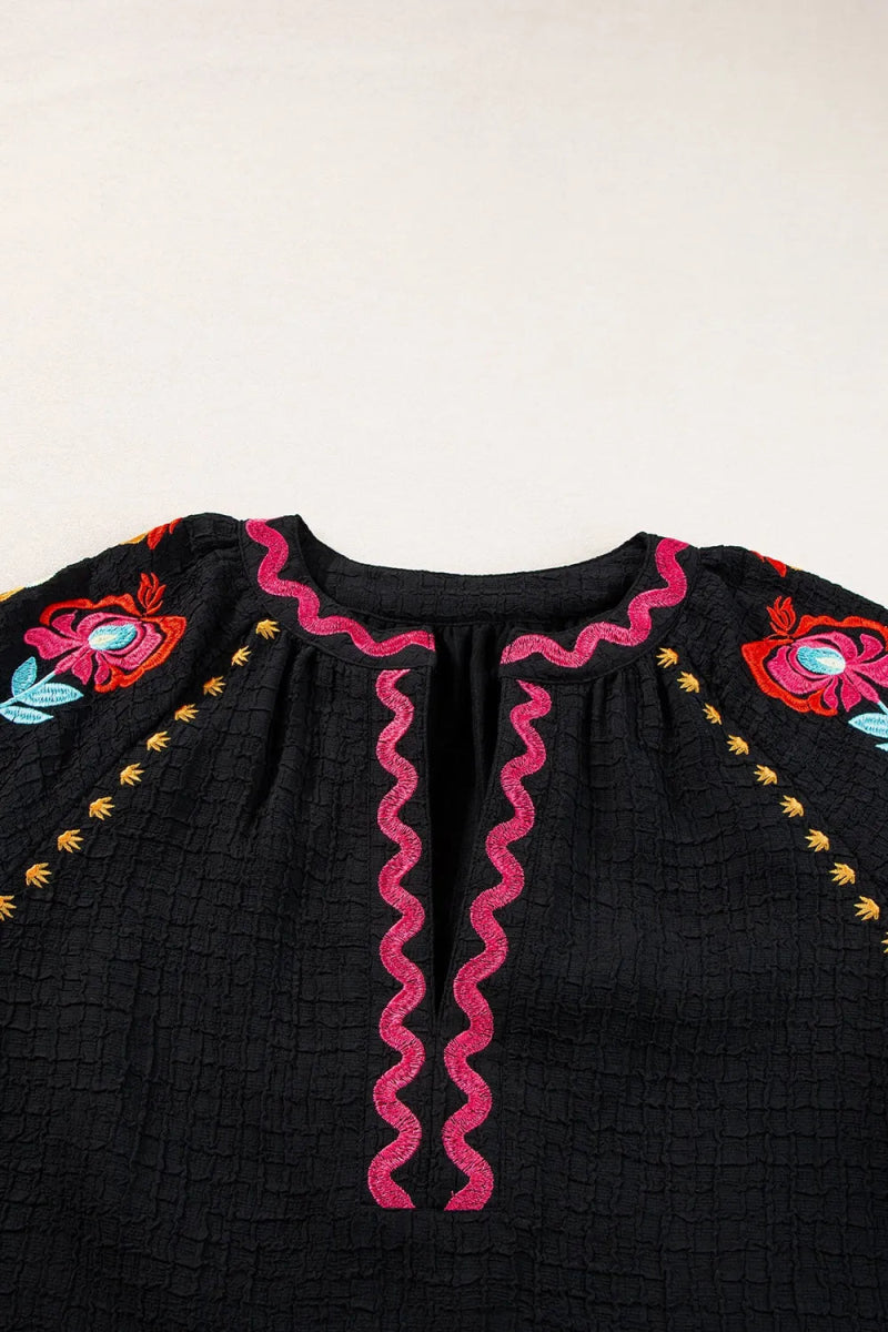 Floral Embroidered Notched Puff Sleeve Blouse - Necessary Clothing