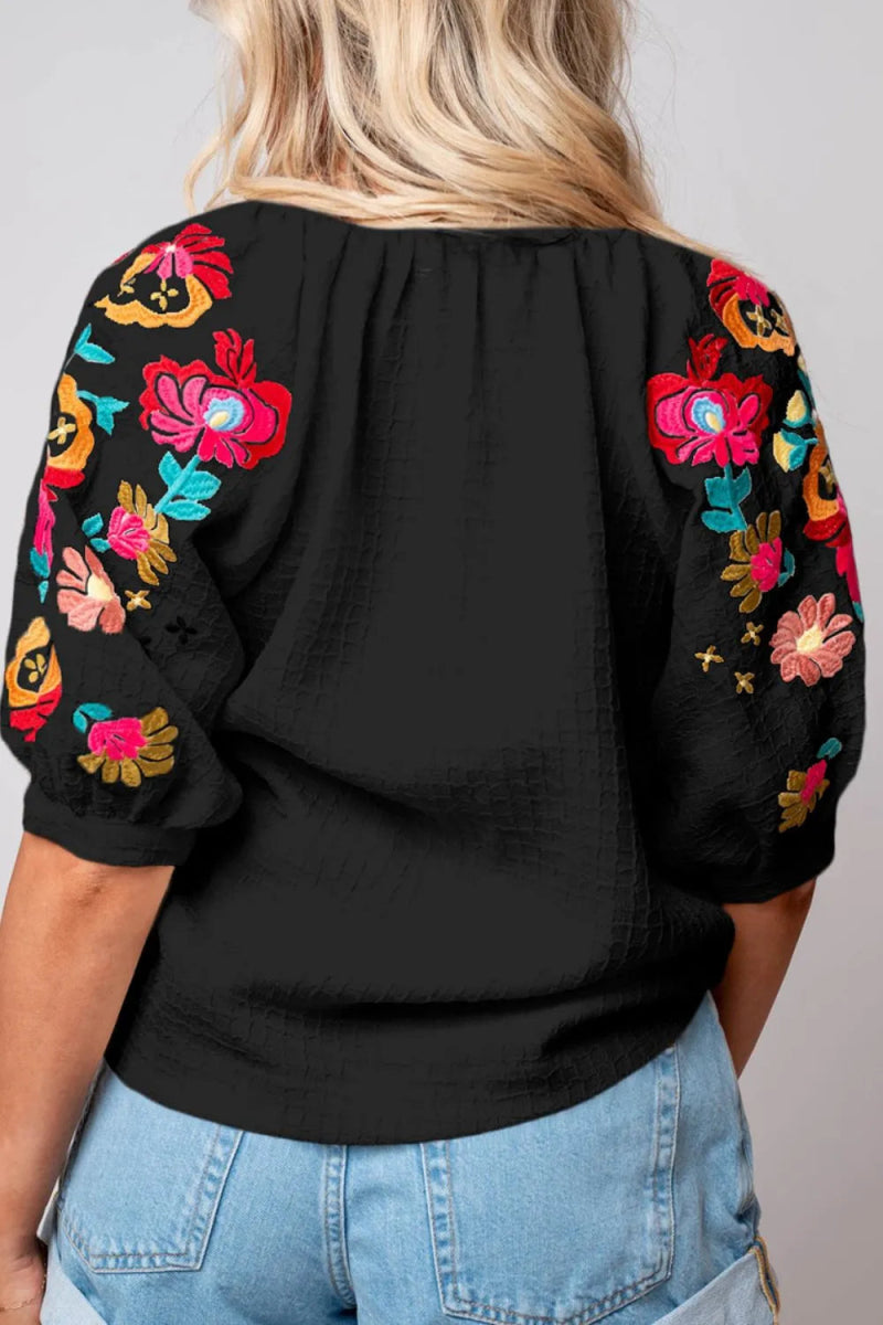 Floral Embroidered Notched Puff Sleeve Blouse - Necessary Clothing