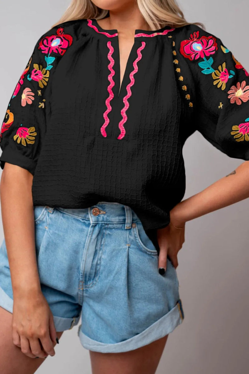 Floral Embroidered Notched Puff Sleeve Blouse - Necessary Clothing