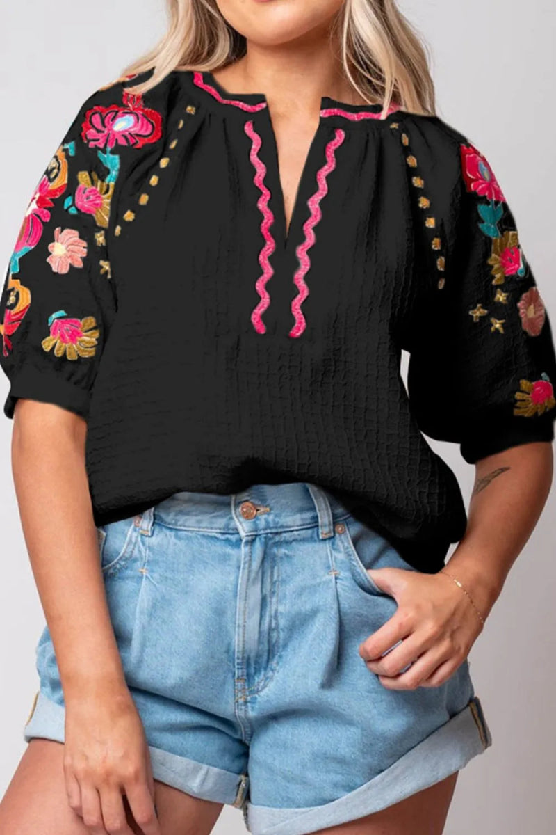 Floral Embroidered Notched Puff Sleeve Blouse - Necessary Clothing