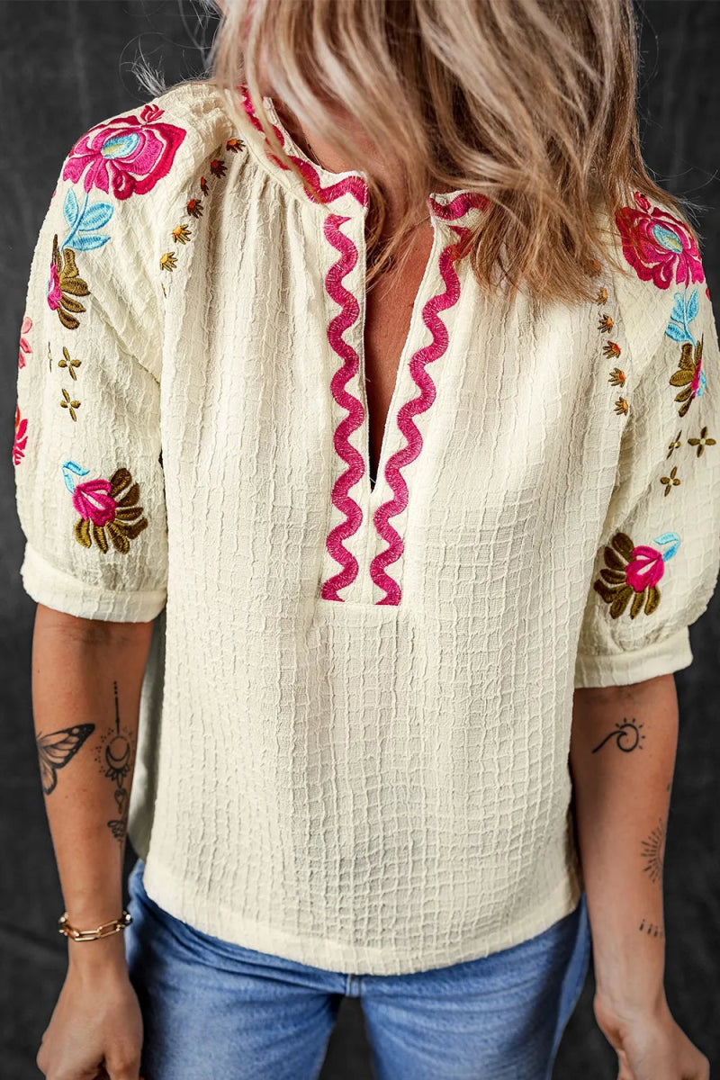 Floral Embroidered Notched Puff Sleeve Blouse - Necessary Clothing