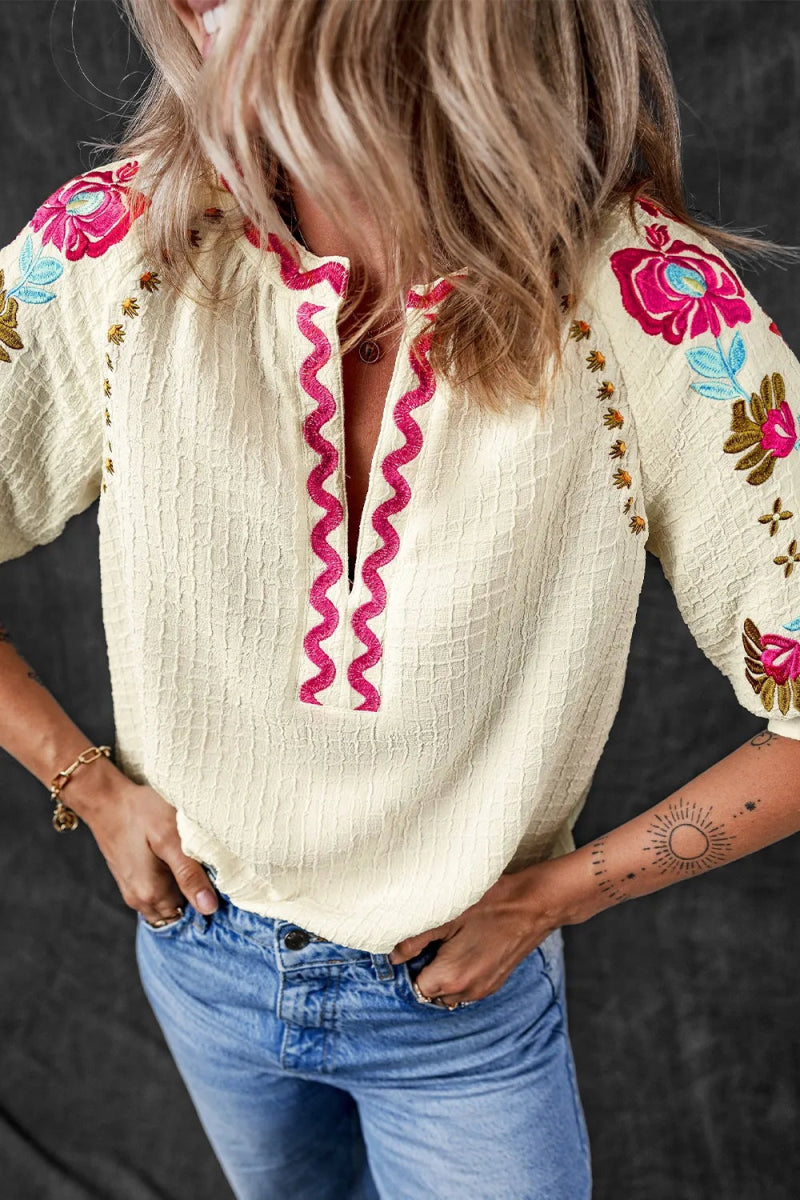 Floral Embroidered Notched Puff Sleeve Blouse - Necessary Clothing