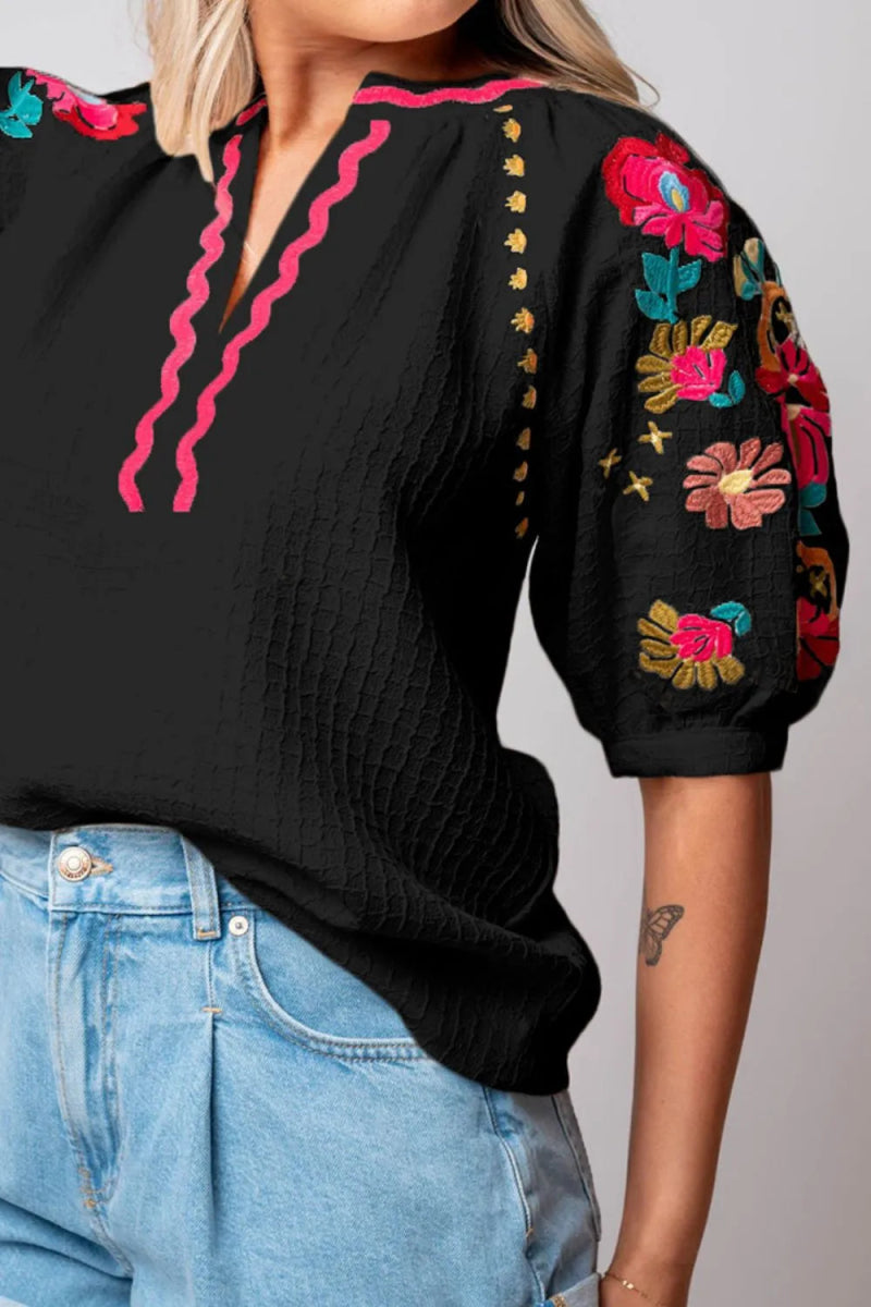 Floral Embroidered Notched Puff Sleeve Blouse - Necessary Clothing