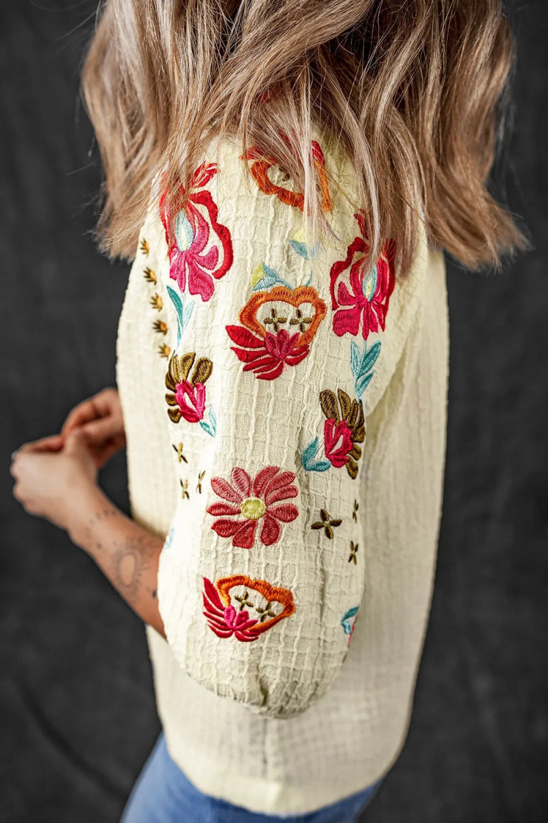 Floral Embroidered Notched Puff Sleeve Blouse - Necessary Clothing