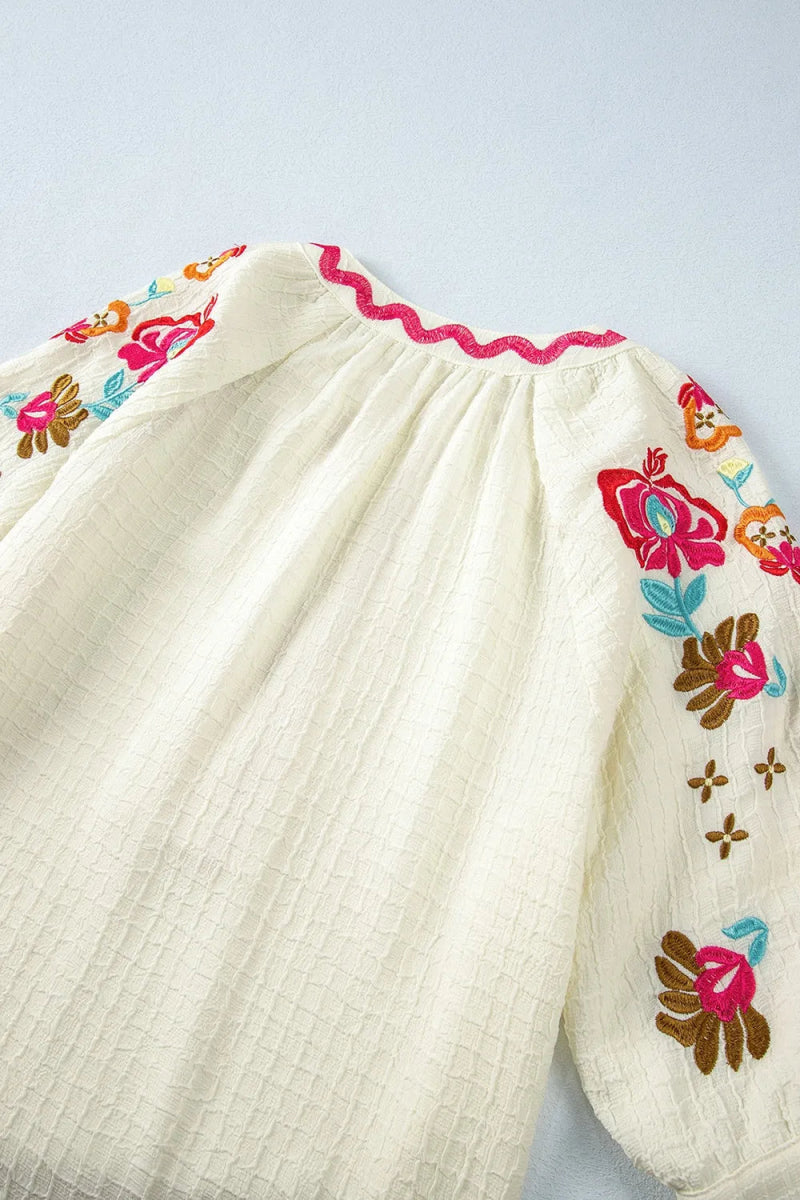 Floral Embroidered Notched Puff Sleeve Blouse - Necessary Clothing