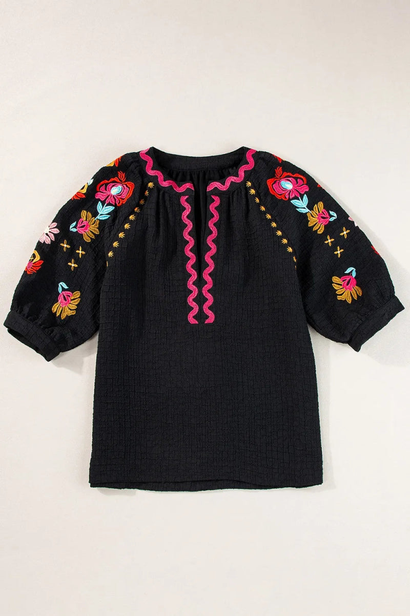 Floral Embroidered Notched Puff Sleeve Blouse - Necessary Clothing