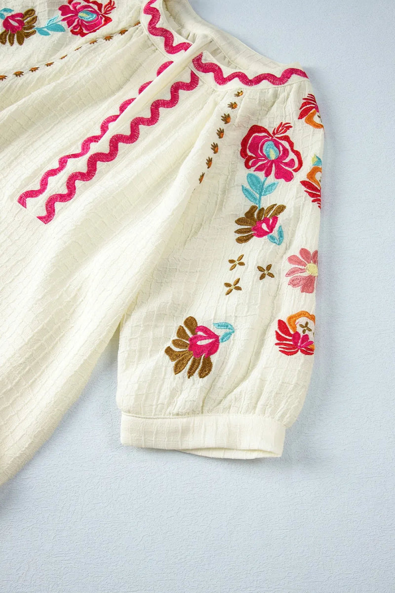Floral Embroidered Notched Puff Sleeve Blouse - Necessary Clothing