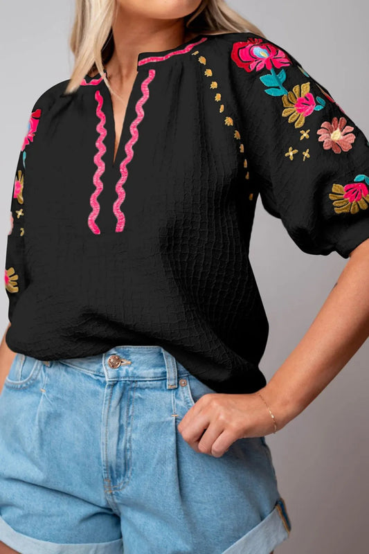 Floral Embroidered Notched Puff Sleeve Blouse - Necessary Clothing