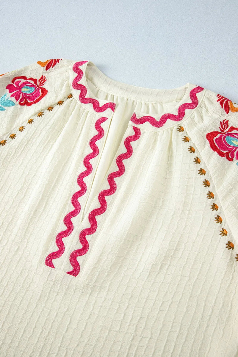 Floral Embroidered Notched Puff Sleeve Blouse - Necessary Clothing