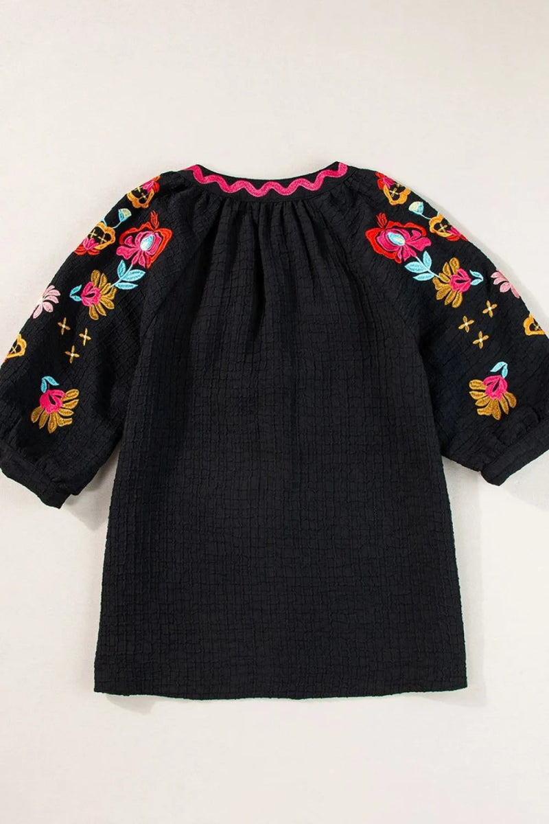 Floral Embroidered Notched Puff Sleeve Blouse - Necessary Clothing