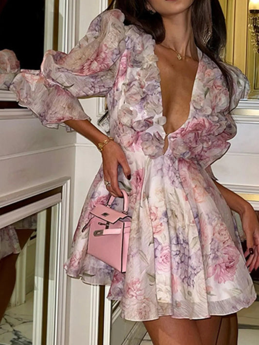 Floral Print Ruffled Mini Dress with Deep V - Neck - Necessary Clothing