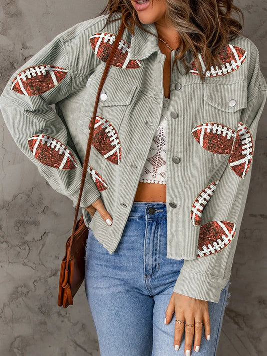 Football Sequin Button Up Dropped Shoulder Jacket - Necessary Clothing
