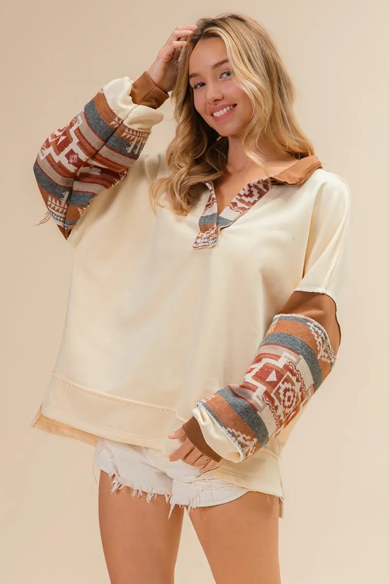 French Terry Knit and Aztec Print Mixed Top - Necessary Clothing