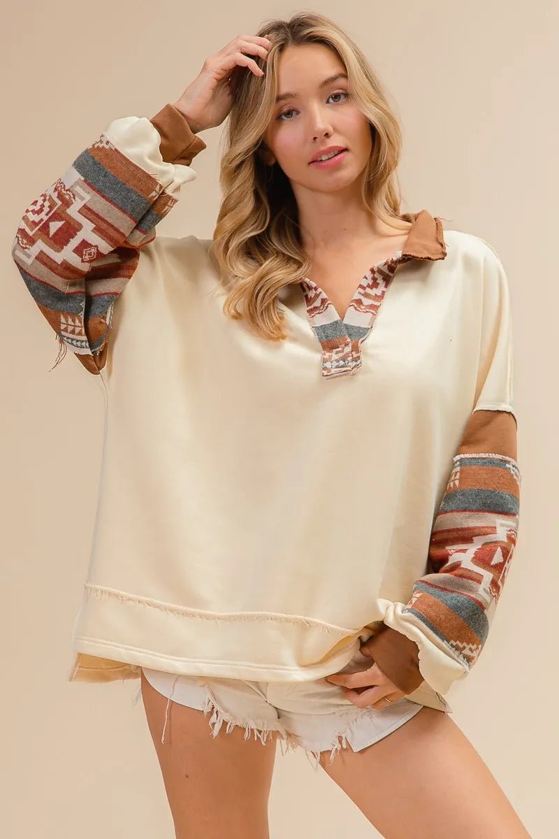 French Terry Knit and Aztec Print Mixed Top - Necessary Clothing