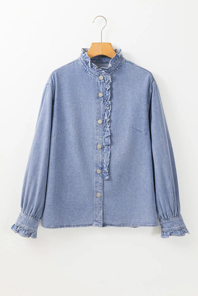 Frill Button Up Long Sleeve Denim Top - Necessary Clothing