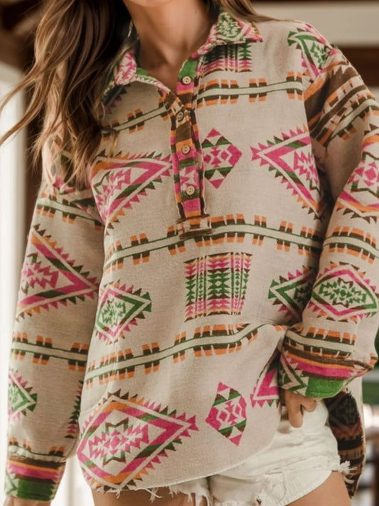 Geometric Half Button Long Sleeve Sweatshirt - Necessary Clothing