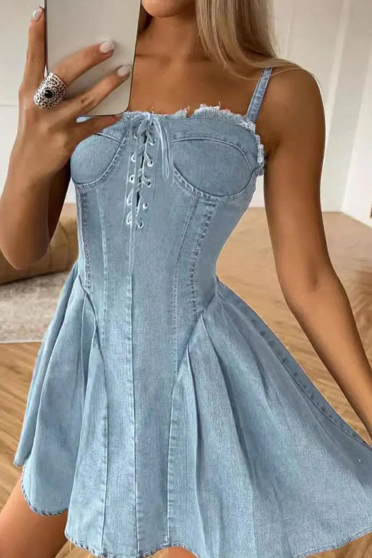 Lace Up Raw Hem Denim Cami Dress - Necessary Clothing