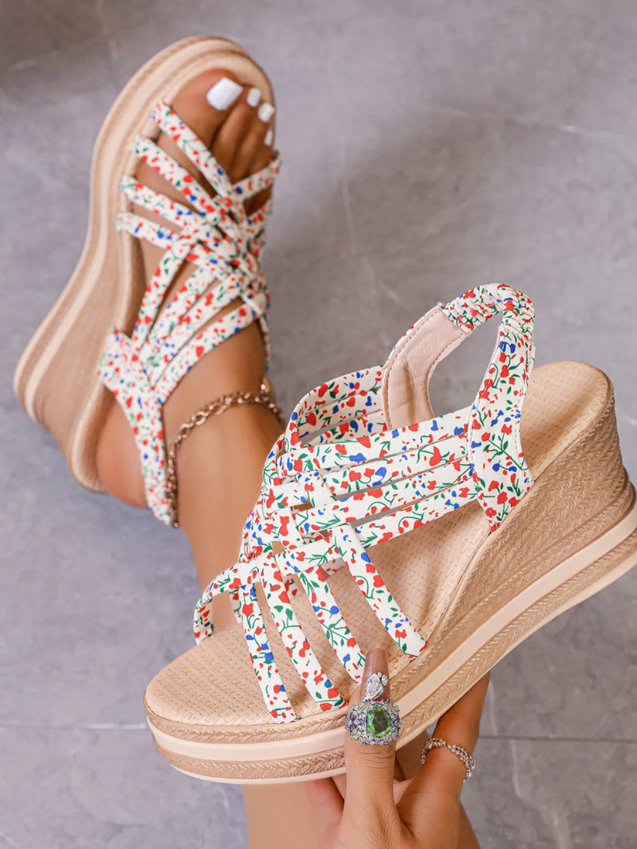 Open Toe Floral Print Strappy Platform Wedge Sandals - Necessary Clothing