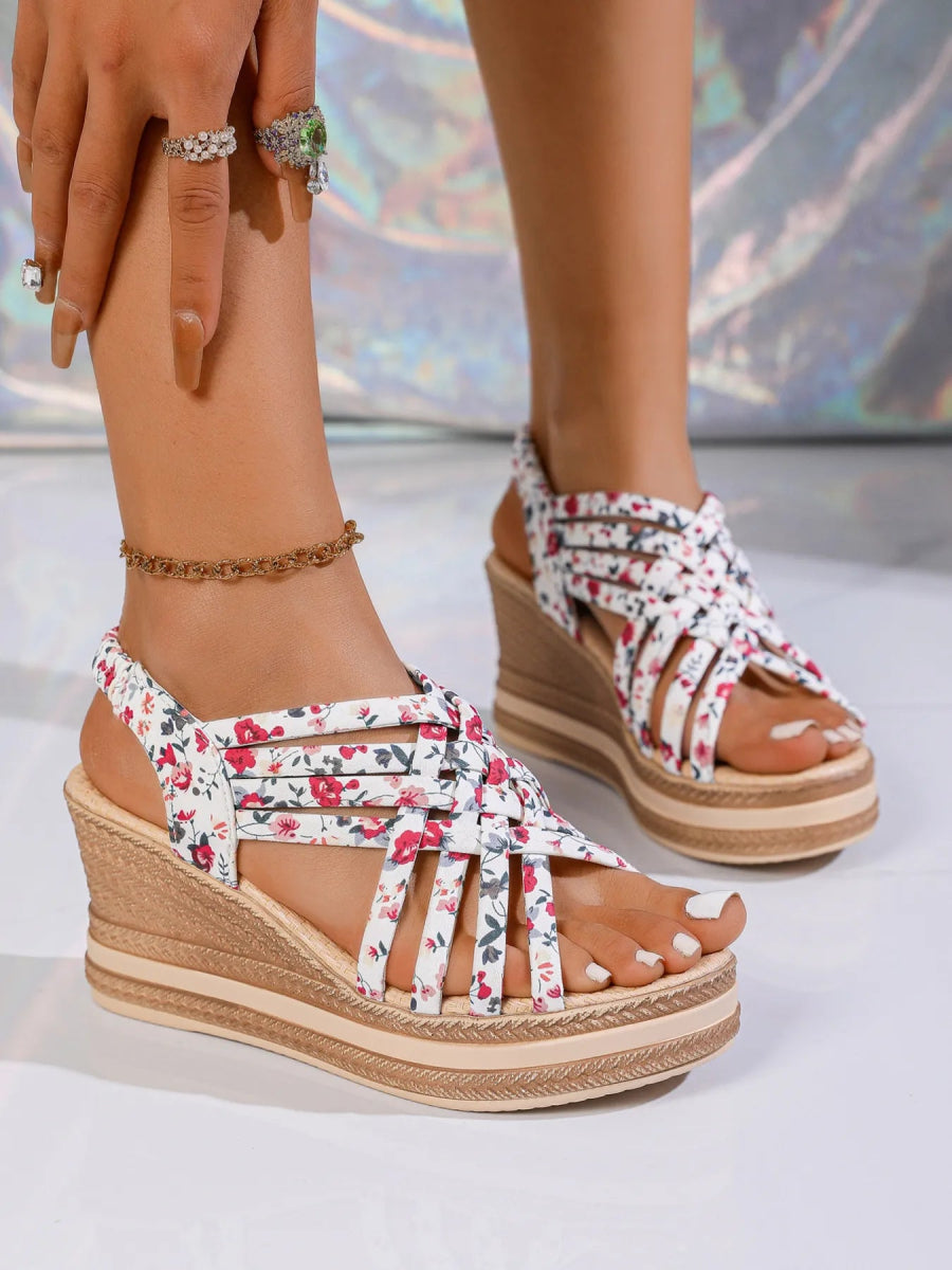 Open Toe Floral Print Strappy Platform Wedge Sandals - Necessary Clothing