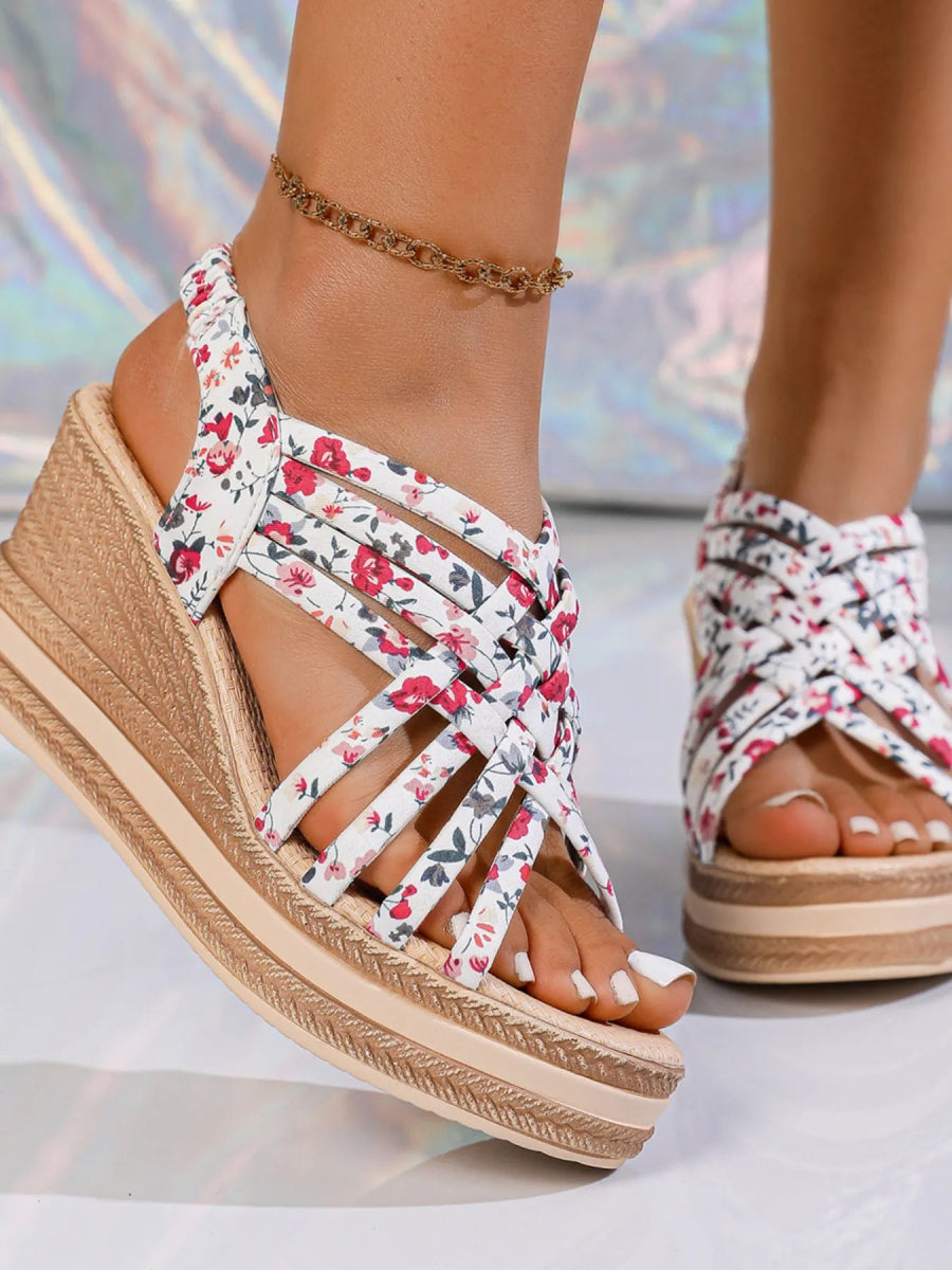Open Toe Floral Print Strappy Platform Wedge Sandals - Necessary Clothing