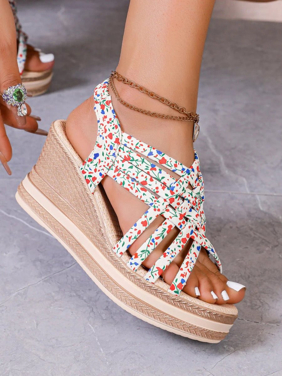 Open Toe Floral Print Strappy Platform Wedge Sandals - Necessary Clothing