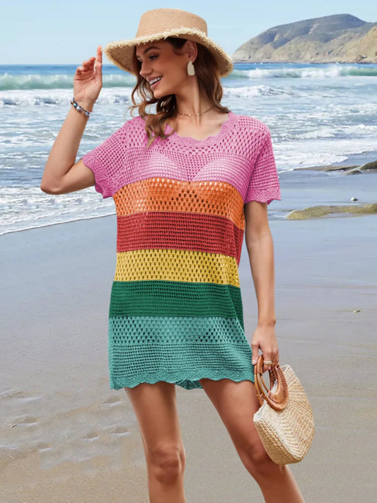Openwork Round Neck Short Sleeve Cover - UP - Necessary Clothing
