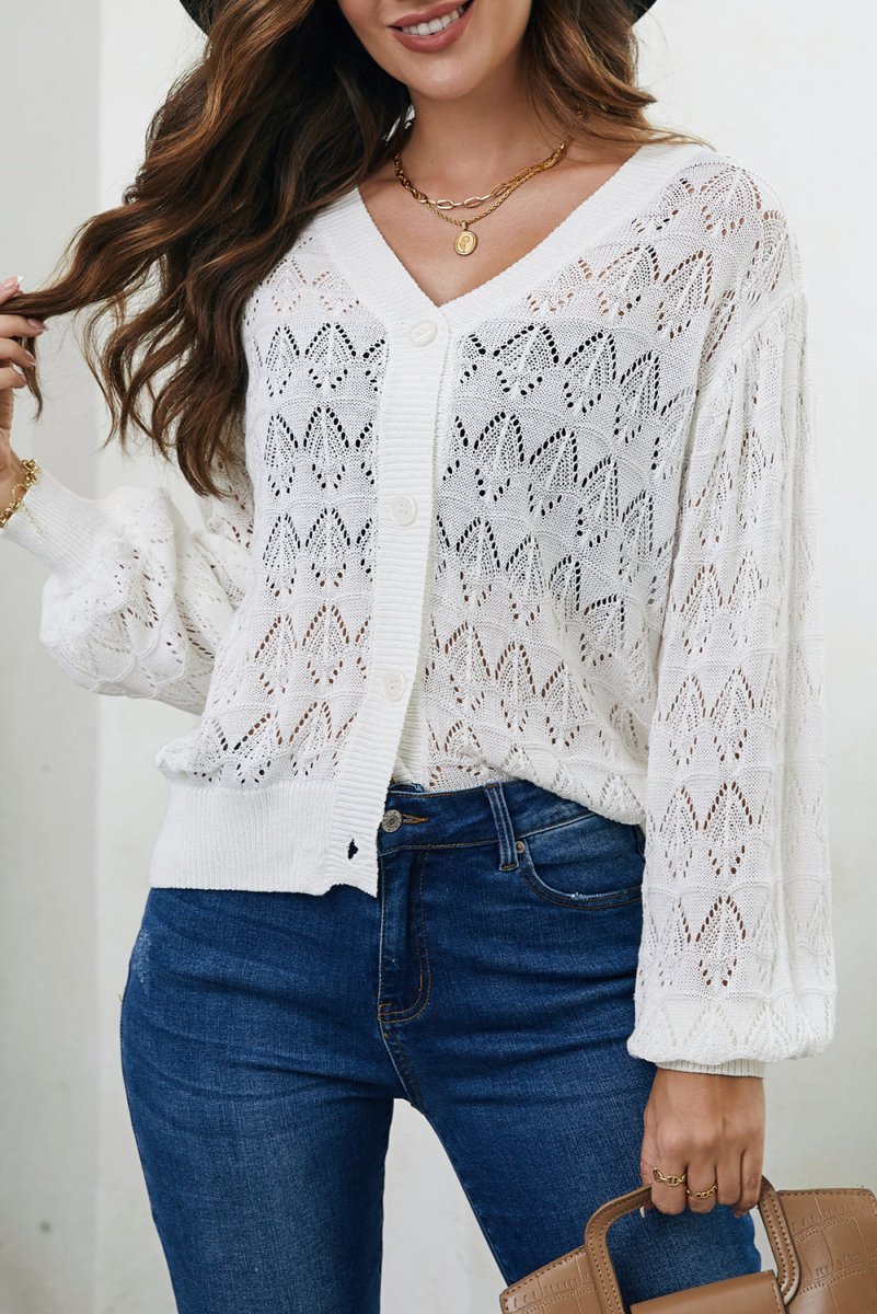 Openwork Buttoned Front V-Neck Cardigan - Necessary Clothing