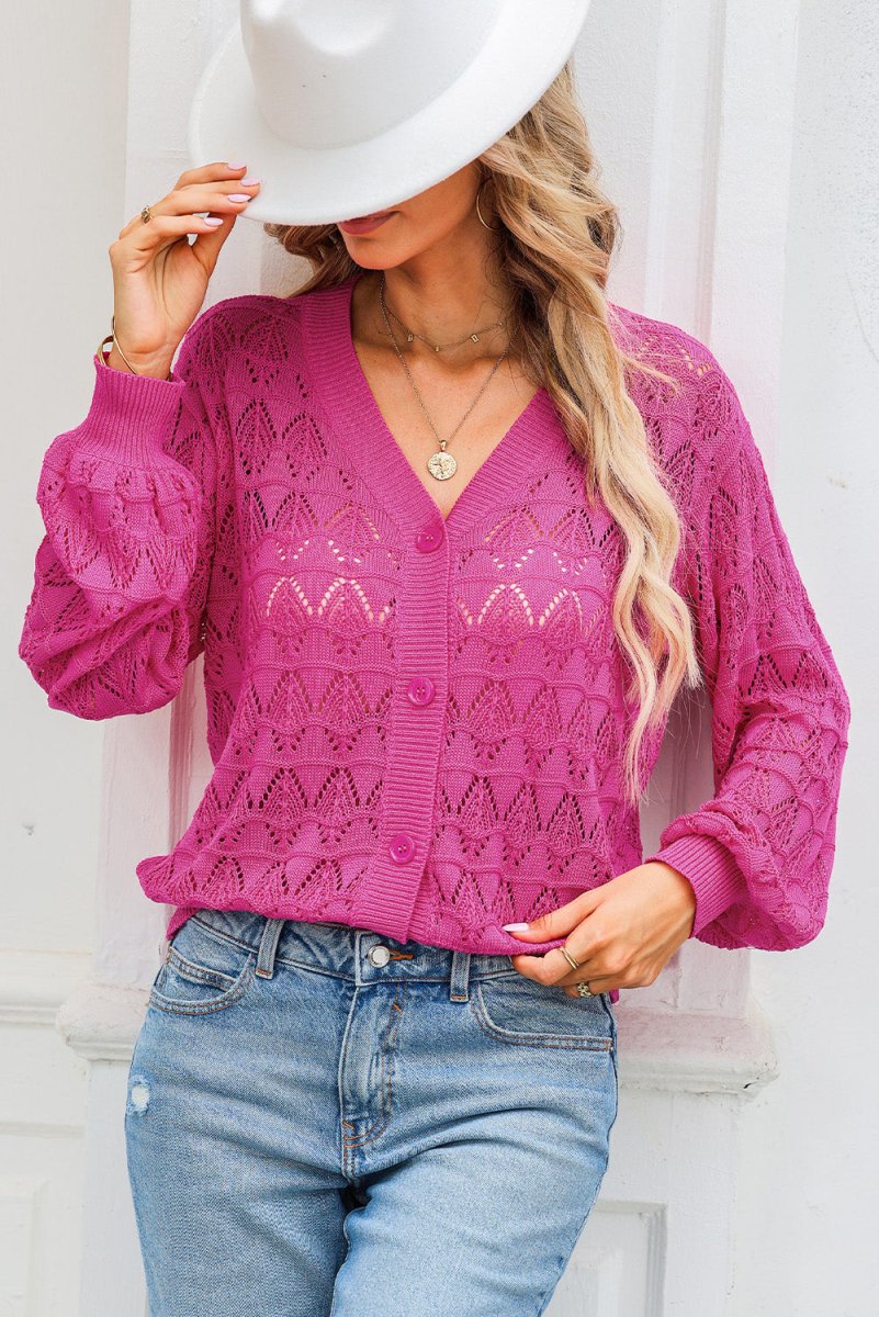 Openwork Buttoned Front V-Neck Cardigan - Necessary Clothing