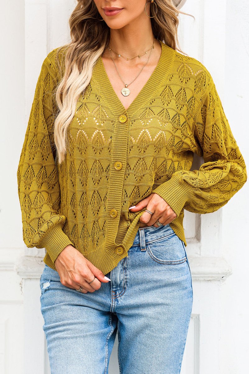 Openwork Buttoned Front V-Neck Cardigan - Necessary Clothing