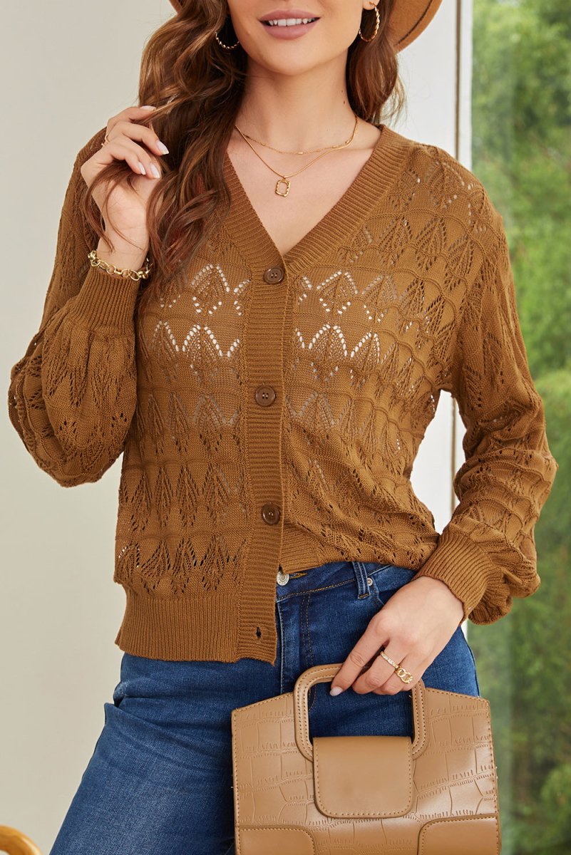 Openwork Buttoned Front V-Neck Cardigan - Necessary Clothing