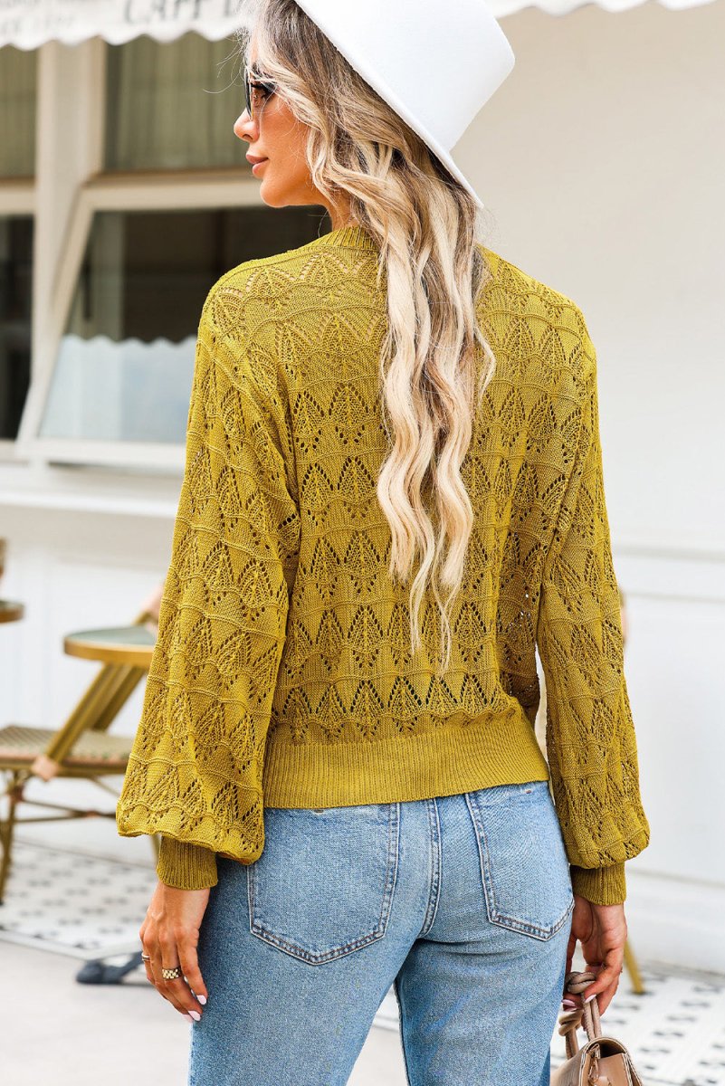 Openwork Buttoned Front V-Neck Cardigan - Necessary Clothing
