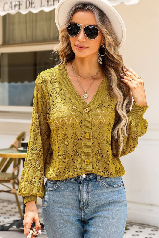 Openwork Buttoned Front V-Neck Cardigan - Necessary Clothing