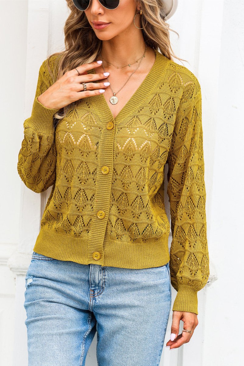 Openwork Buttoned Front V-Neck Cardigan - Necessary Clothing