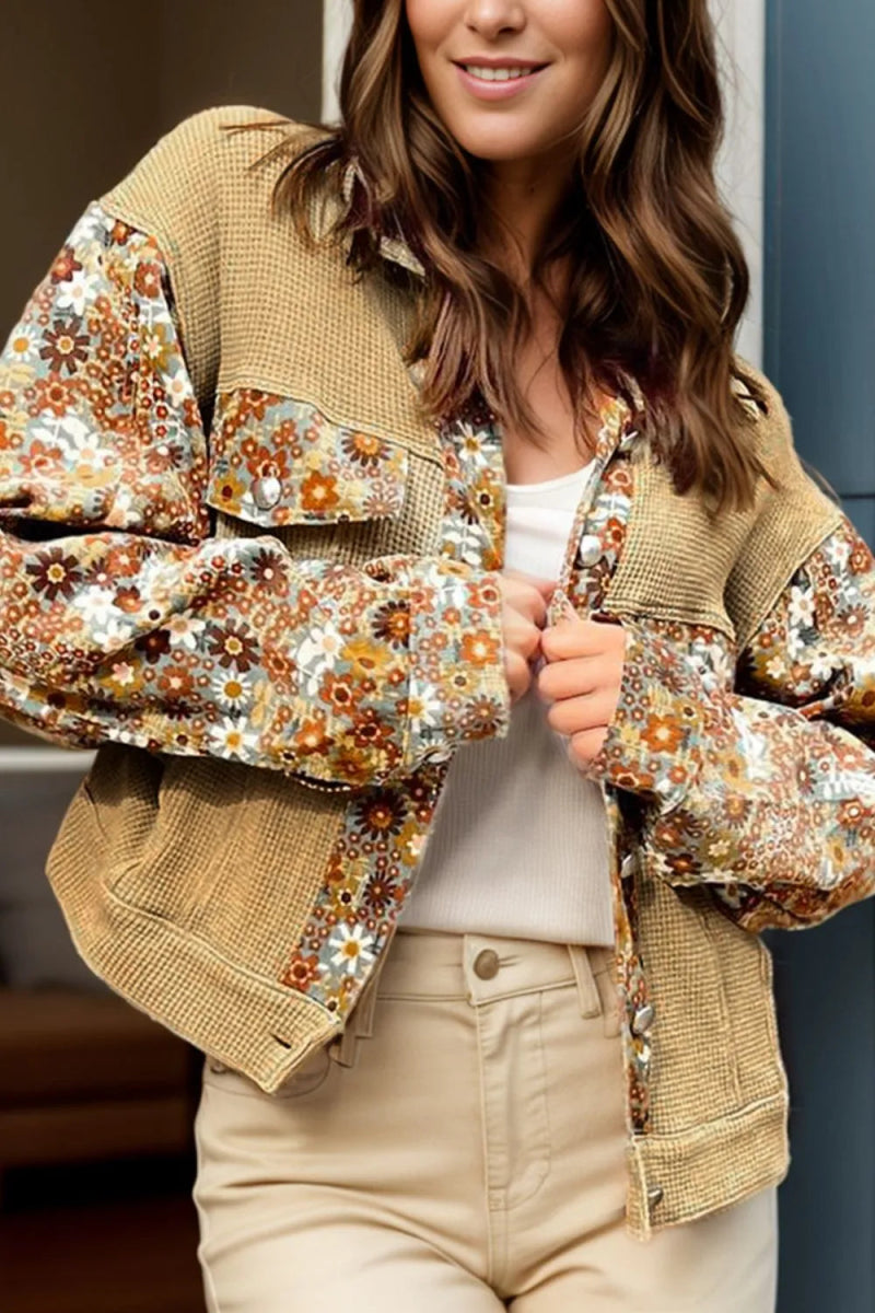 Printed Collared Neck Long Sleeve Jacket - Necessary Clothing
