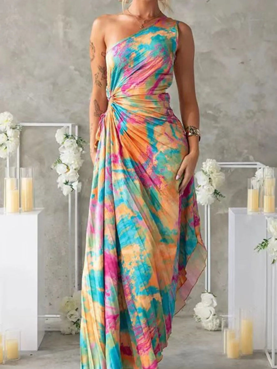 Printed One Shoulder Asymmetrical Maxi Dress - Necessary Clothing