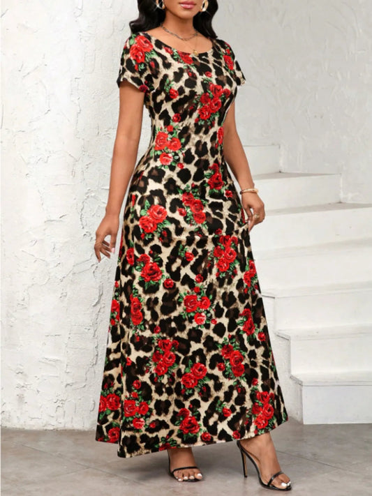 Printed Round Neck Short Sleeve Maxi Tee Dress - Necessary Clothing