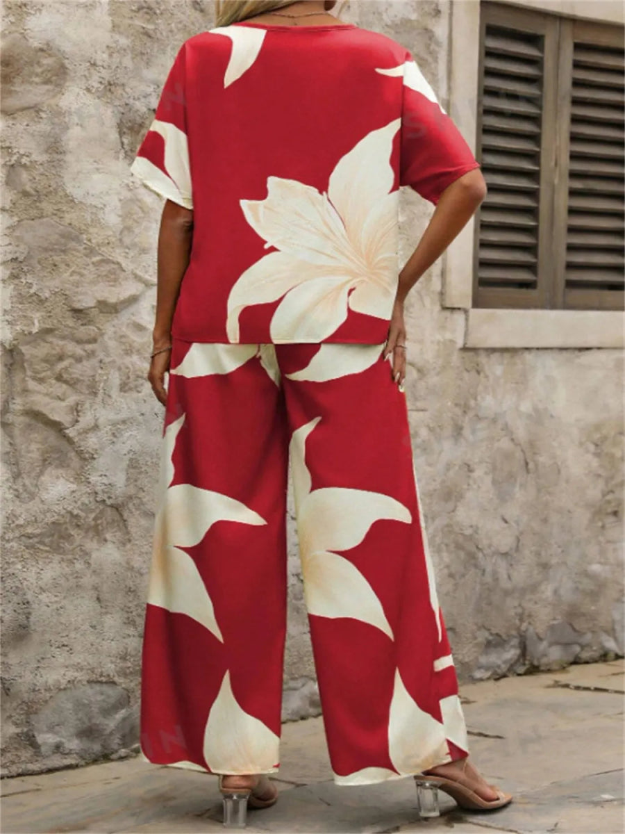 Printed V - Neck Top and Wide Leg Pants Set - Necessary Clothing