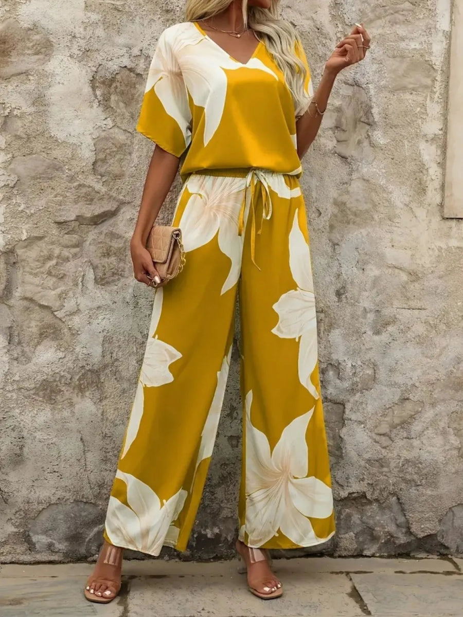 Printed V - Neck Top and Wide Leg Pants Set - Necessary Clothing